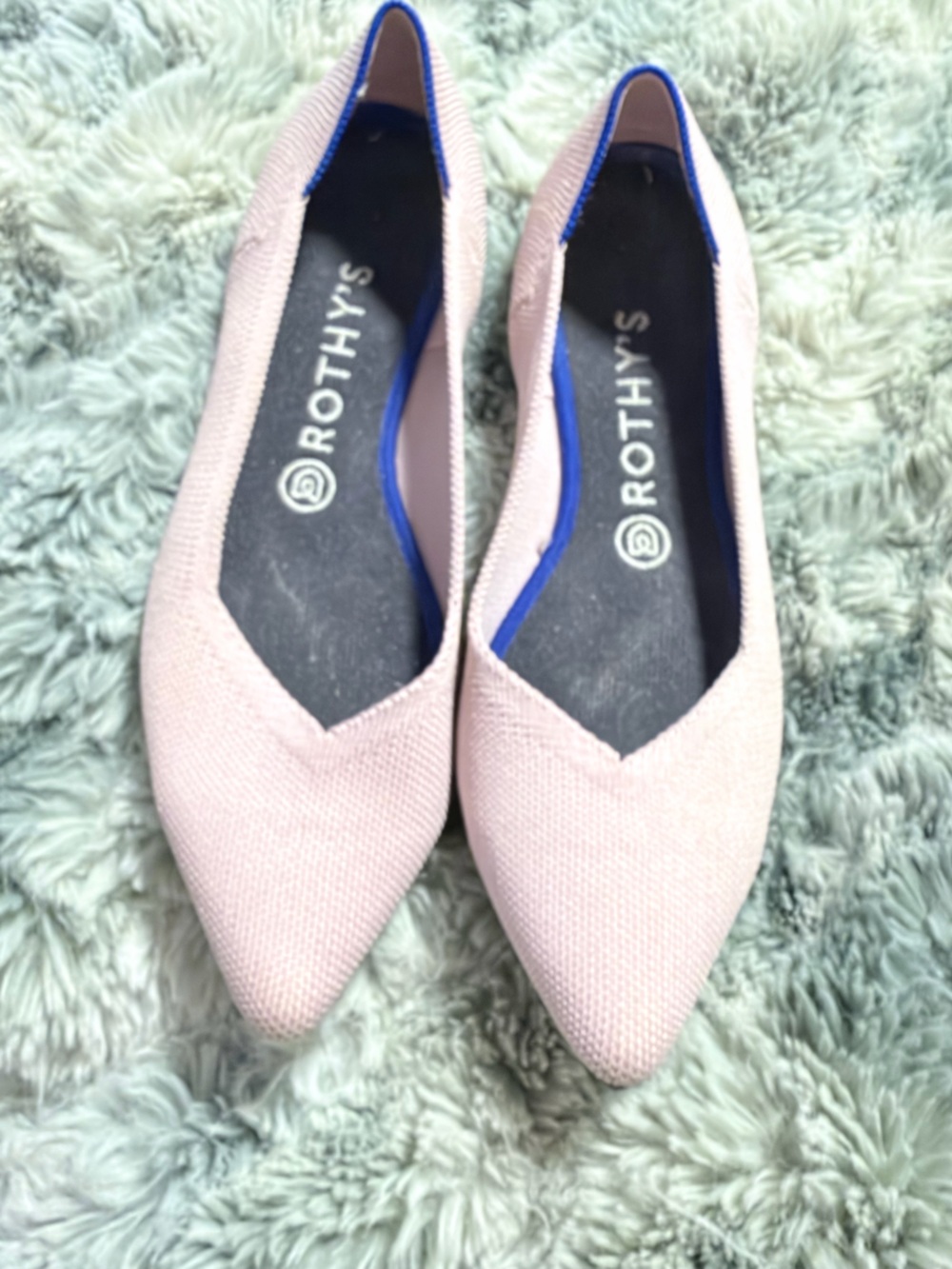 Rothy’s The Point Flats, Petal Pink with Blue Trim, Size 9